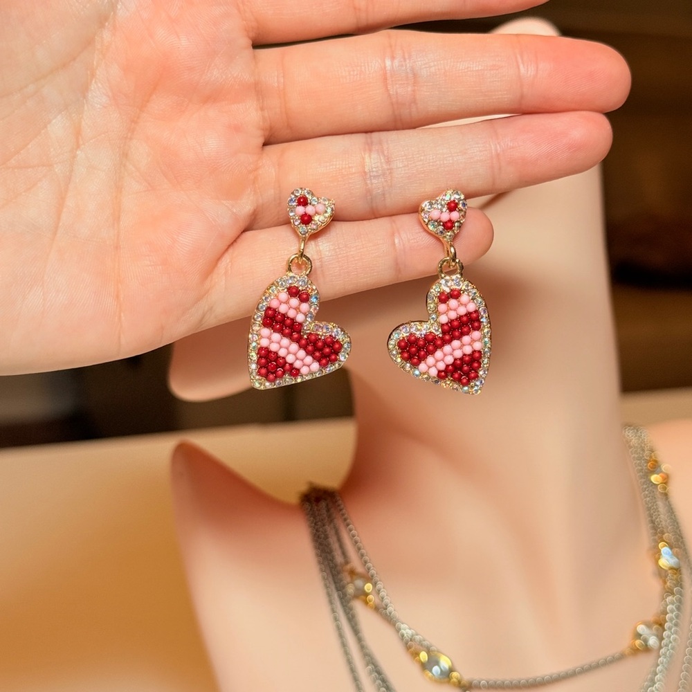 Red Beaded Heart Drop Earrings - Women Jewelry - Picture 9 of 11